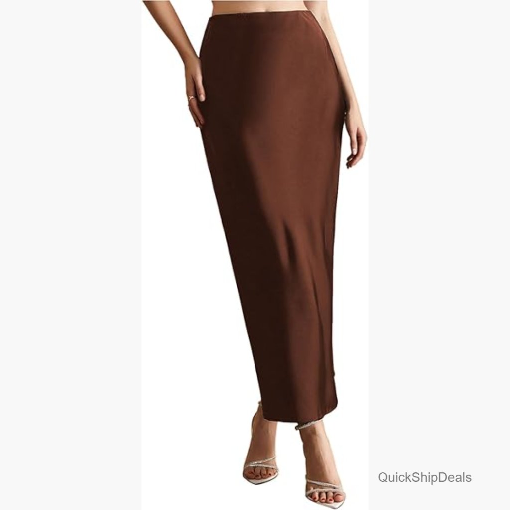 Women's Satin Maxi Skirt High Waisted Fishtail Hem Zipper Closure